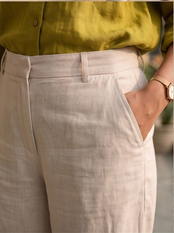 The Linen Edit – olive Linen Shirt & Beige Pant Set