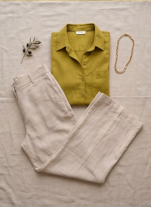 Green linen shirt and beige pants with a necklace on a neutral background