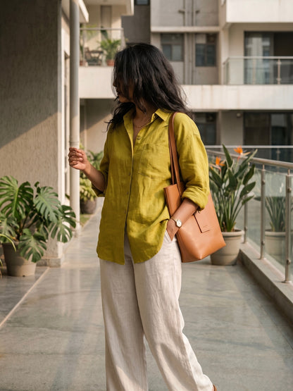 The Linen Edit – olive Linen Shirt & Beige Pant Set