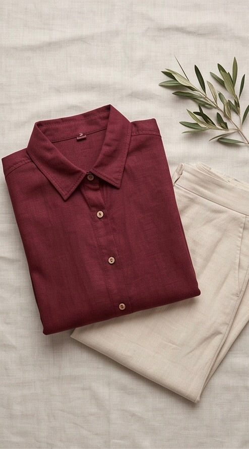 The Linen Edit – Maroon Linen Shirt & Beige Pant Set