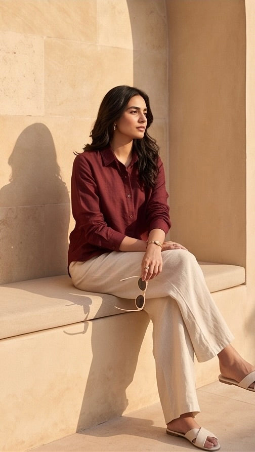 The Linen Edit – Maroon Linen Shirt & Beige Pant Set