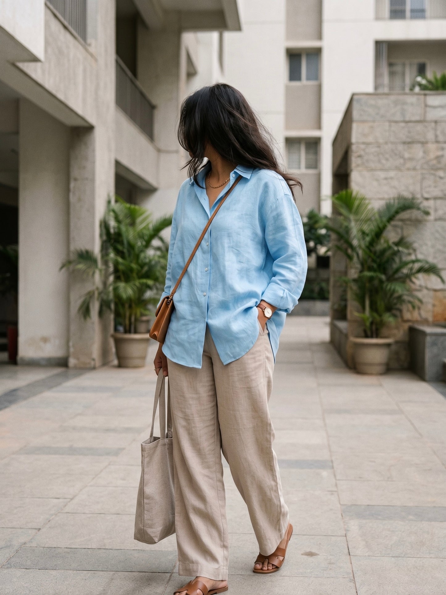 The Linen Edit – Dusty Blue Linen Shirt & Beige Pant Set