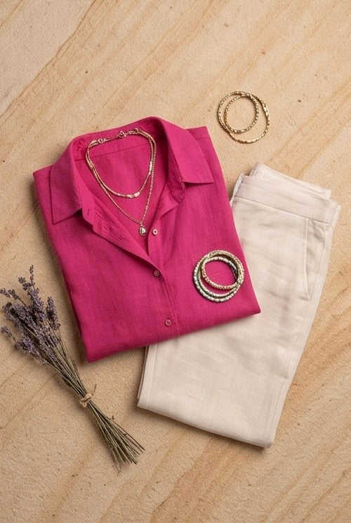 The Linen Edit – Dusty Pink Linen Shirt & Beige Pant Set