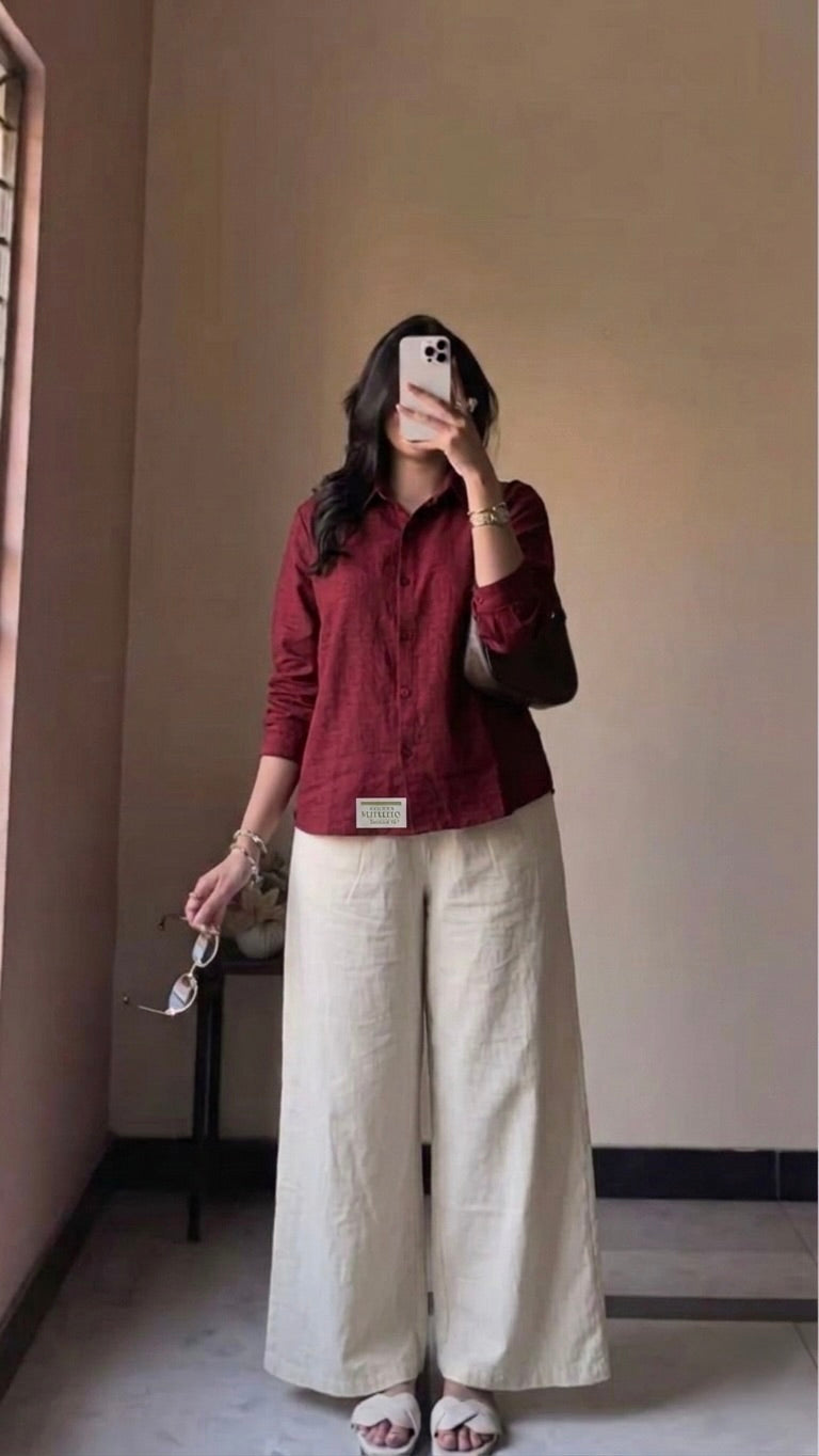 The Linen Edit – Maroon Linen Shirt & Beige Pant Set