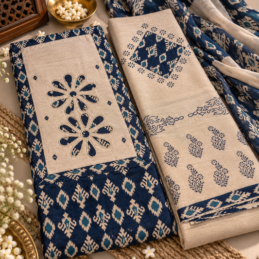 Beige Navy Blue Embroidered Dress Material