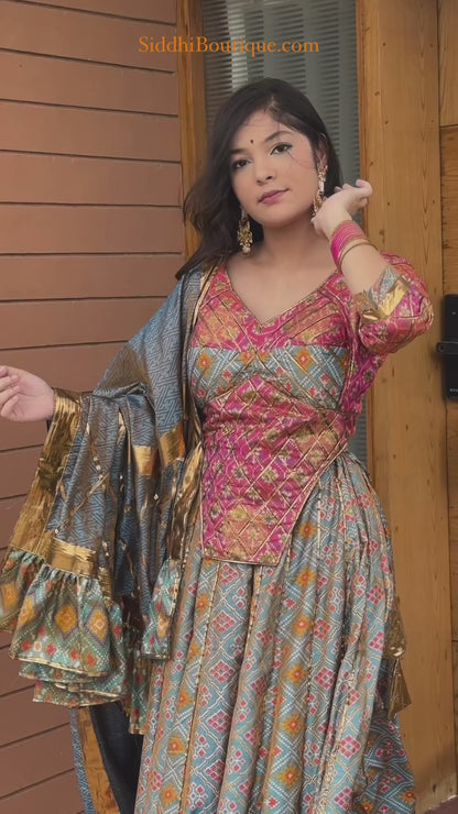 Pastel Blue & Pink Silk Patola Chanya Choli-One of One