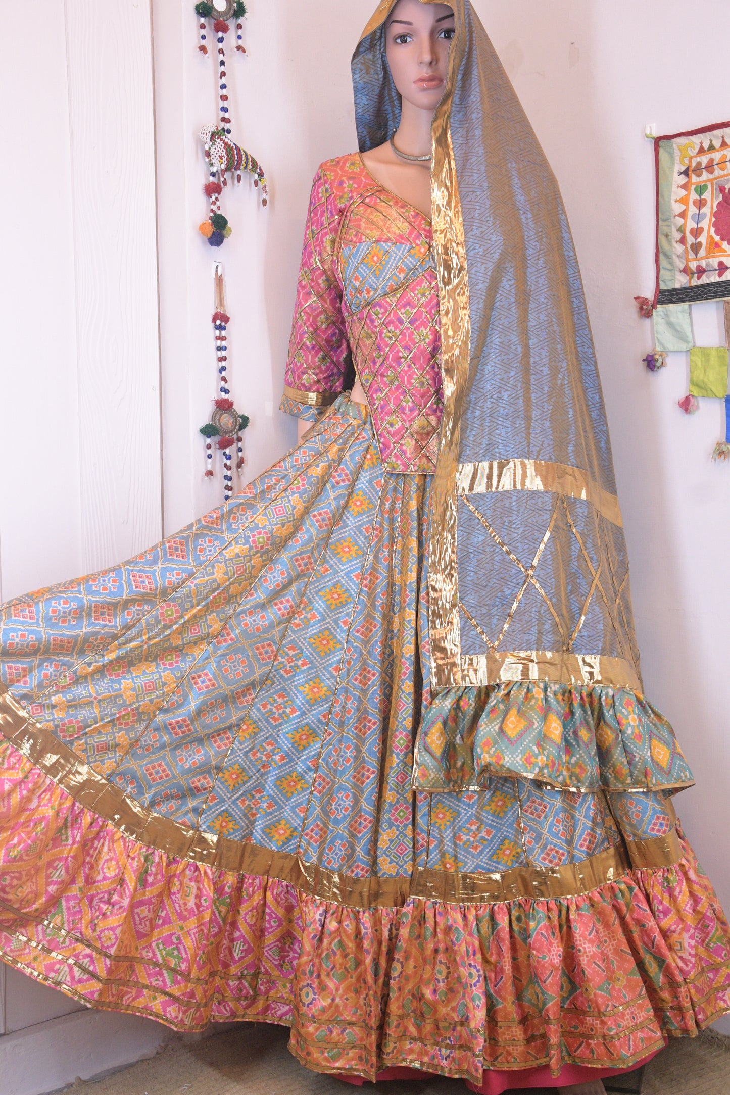 Pastel Blue & Pink Silk Patola Chanya Choli-One of One