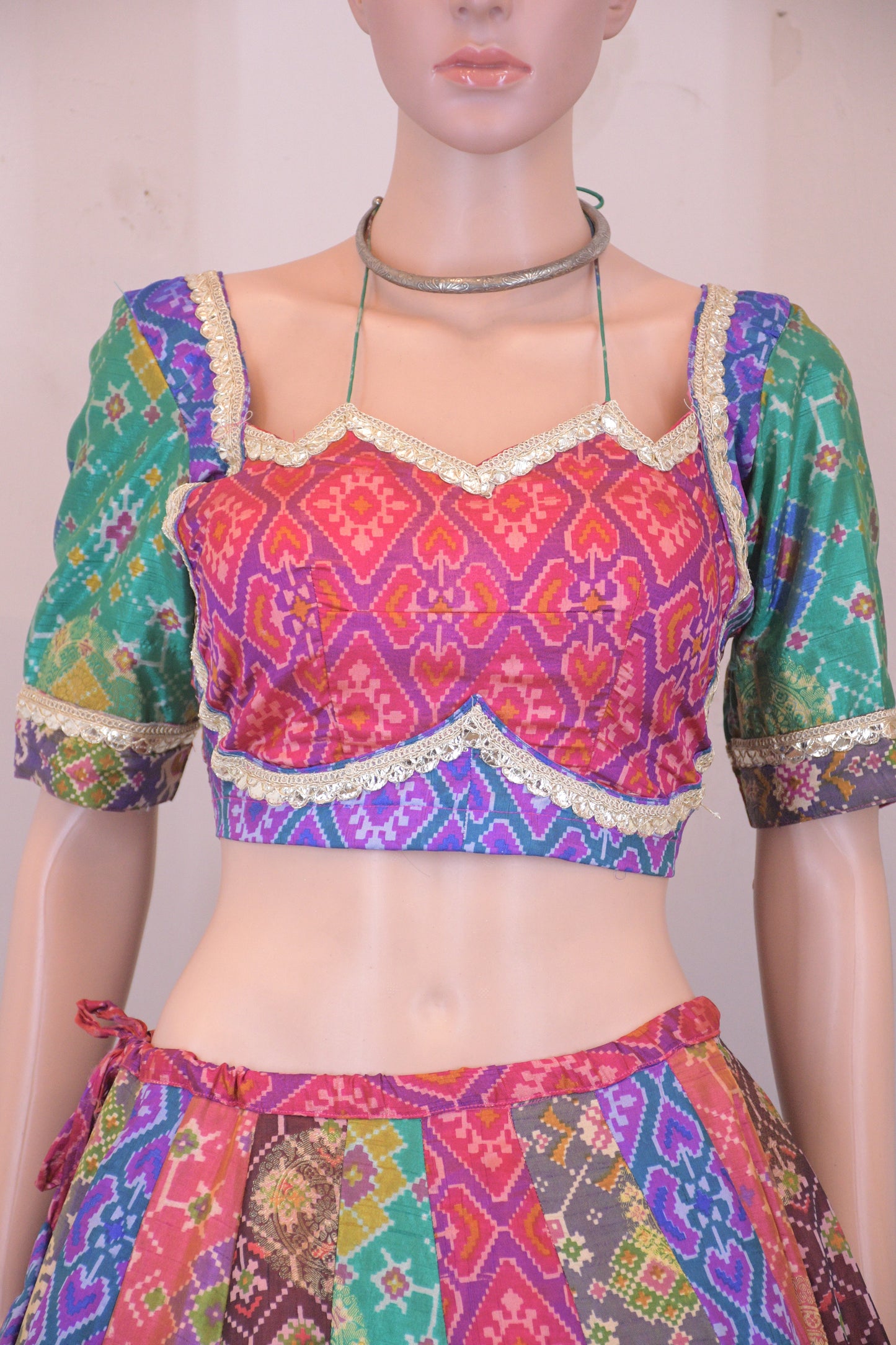 Vibrant Multicolor Silk Patola Chanya Choli with Designer Tie-Back Blouse-One Of One
