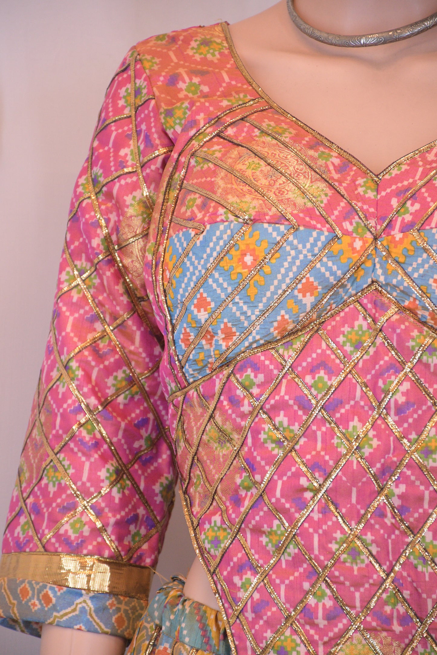 Pastel Blue & Pink Silk Patola Chanya Choli-One of One