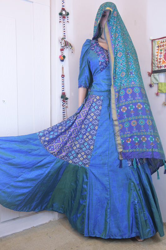 Royal Blue Silk Patola Chanya Choli with Designer Tie-Back Blouse | Siddhi Boutique
