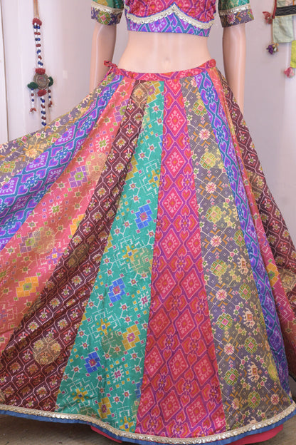 Vibrant Multicolor Silk Patola Chanya Choli with Designer Tie-Back Blouse-One Of One