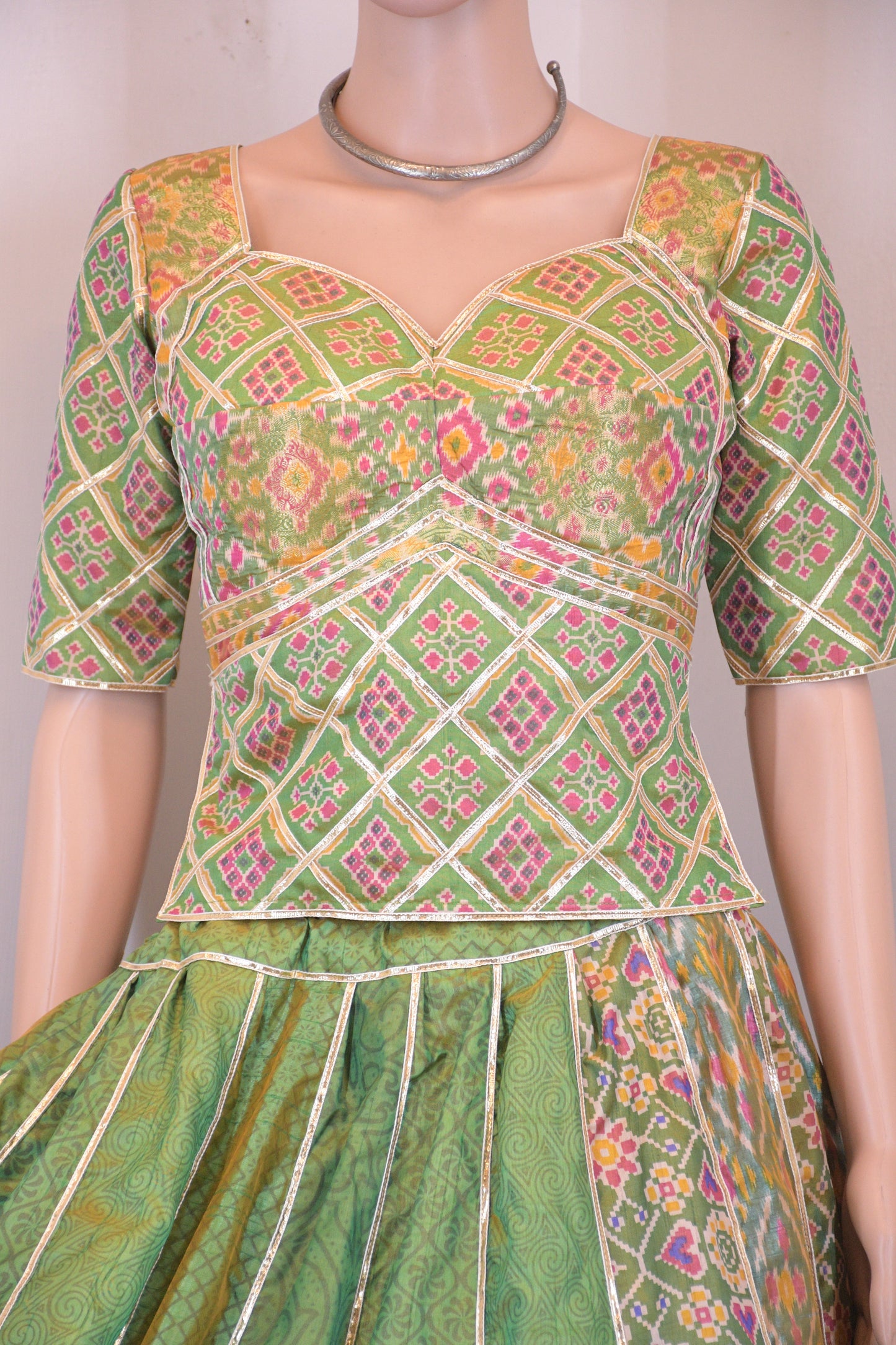 Green & Gold Patola Silk Chanya Choli | Siddhi Boutique
