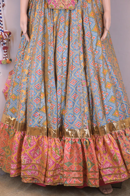 Pastel Blue & Pink Silk Patola Chanya Choli-One of One