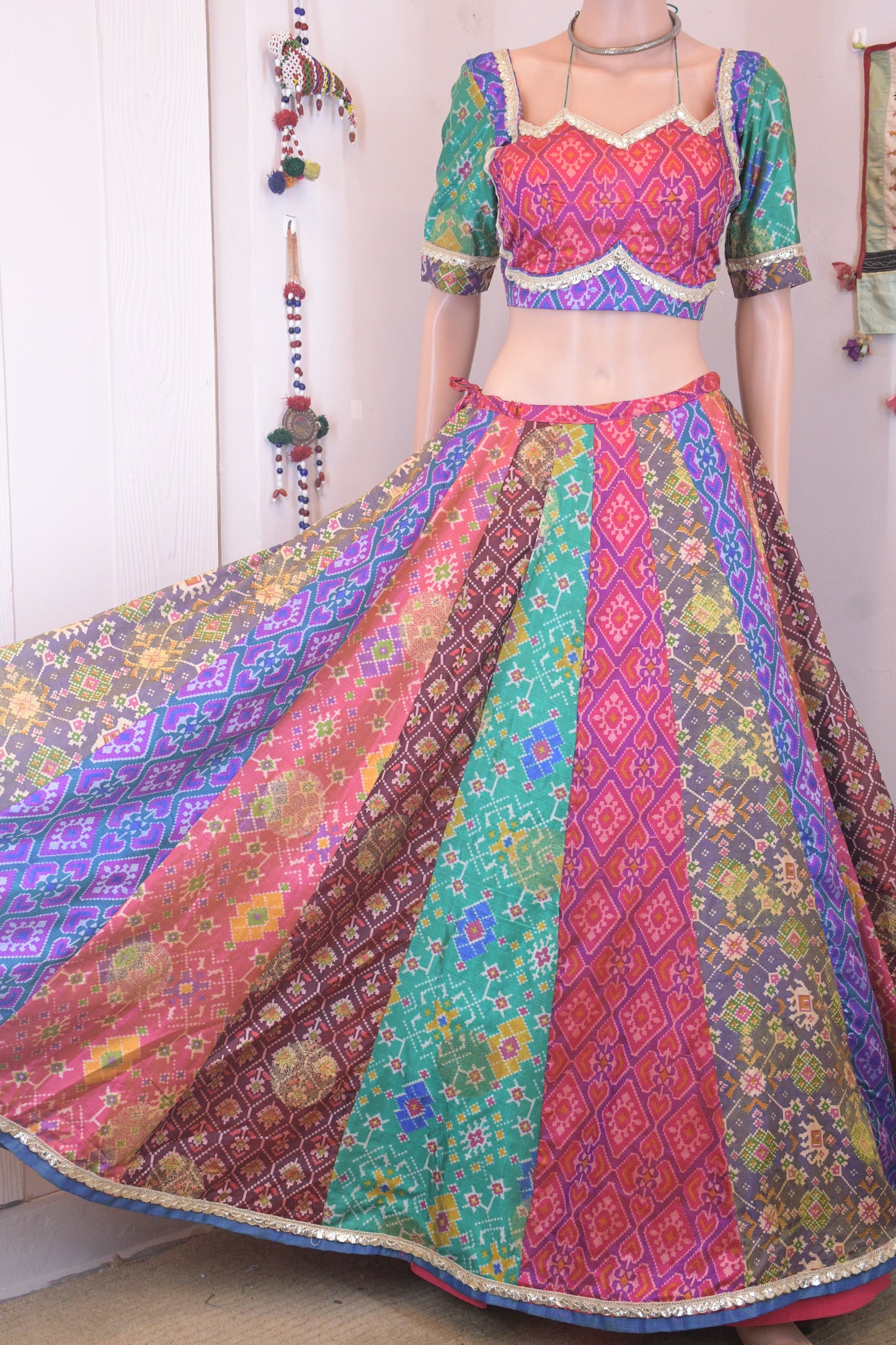 Vibrant Multicolor Silk Patola Chanya Choli with Designer Tie-Back Blouse-One Of One