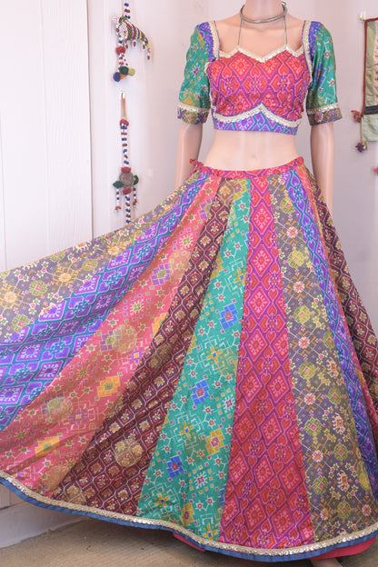 Vibrant Multicolor Silk Patola Chanya Choli with Designer Tie-Back Blouse-One Of One