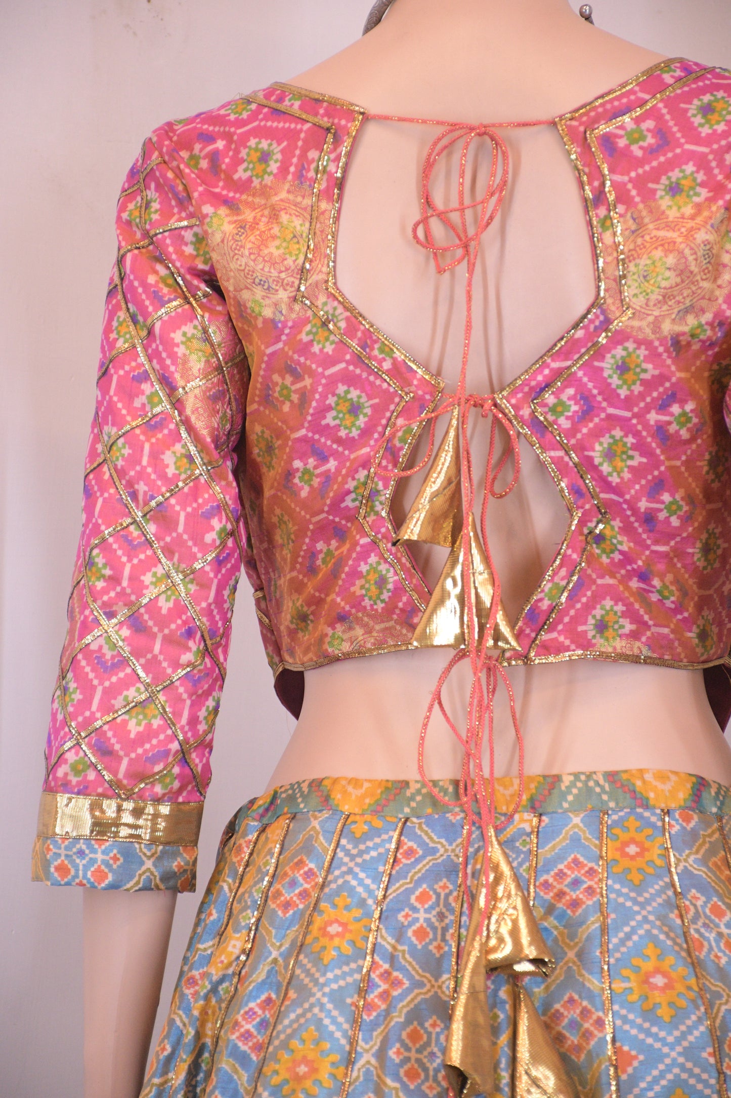 Pastel Blue & Pink Silk Patola Chanya Choli-One of One