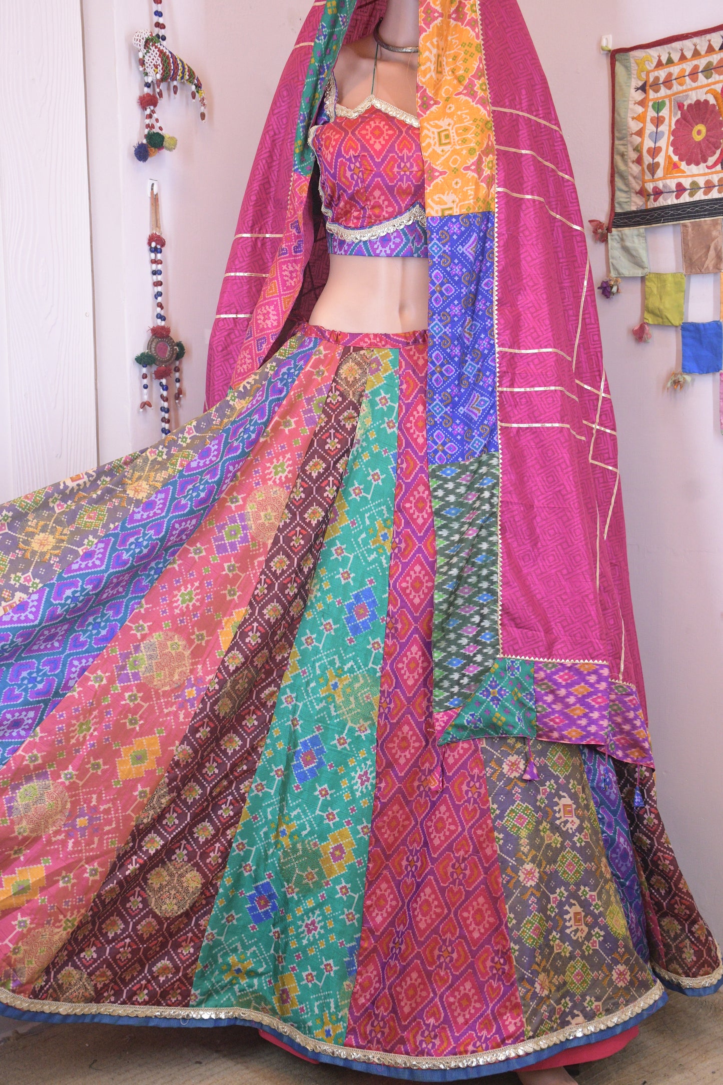 Vibrant Multicolor Silk Patola Chanya Choli with Designer Tie-Back Blouse-One Of One