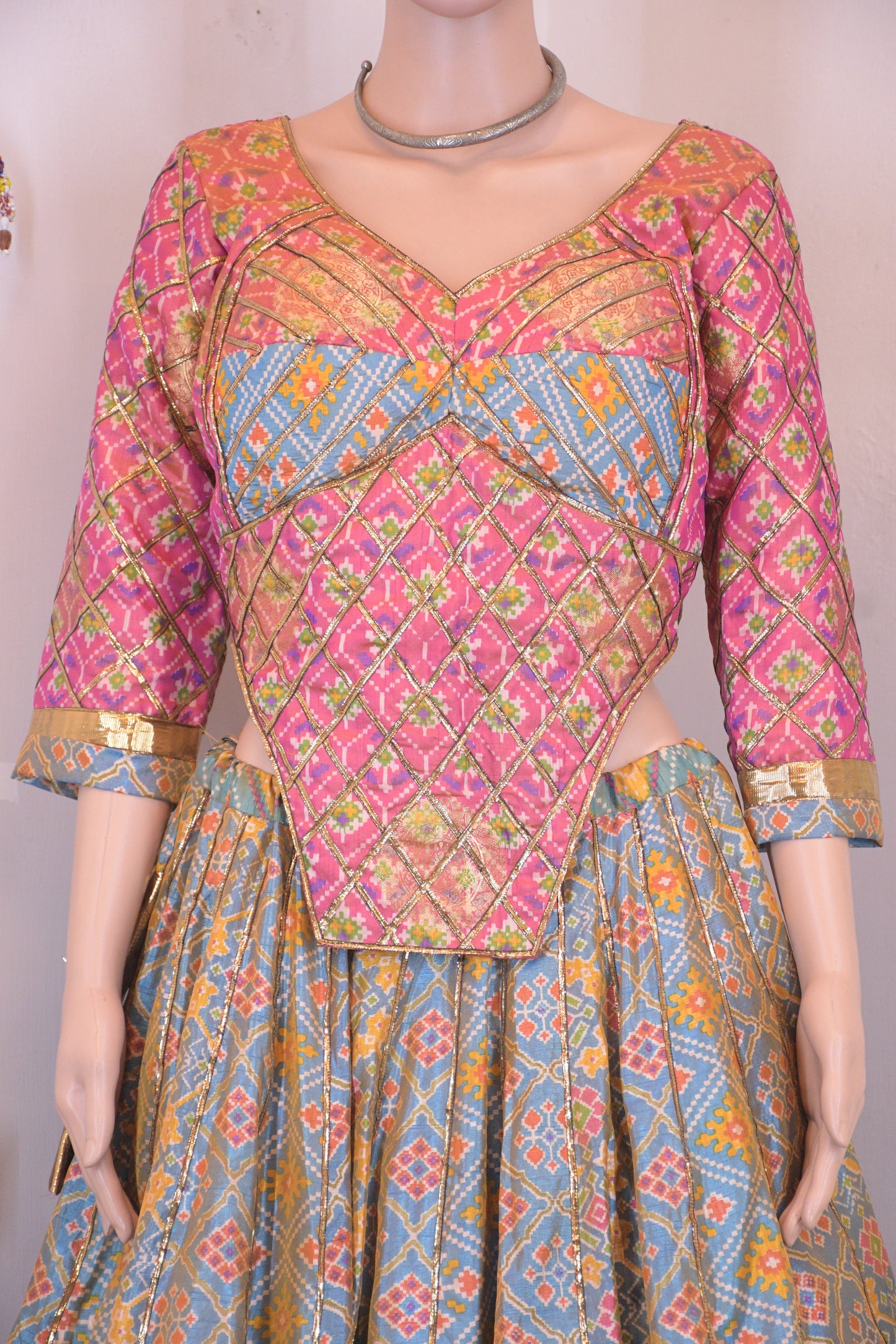 Pastel Blue & Pink Silk Patola Chanya Choli-One of One
