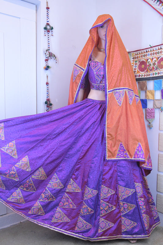 Regal Purple Silk Patola Chanya Choli with Triangle-Tie Back Blouse | Siddhi Boutique