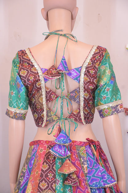 Vibrant Multicolor Silk Patola Chanya Choli with Designer Tie-Back Blouse-One Of One